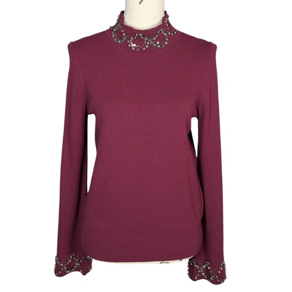 Ann Taylor Mock Neck Jewel Trimmed Sweater Maroon Size M - Picture 1 of 15